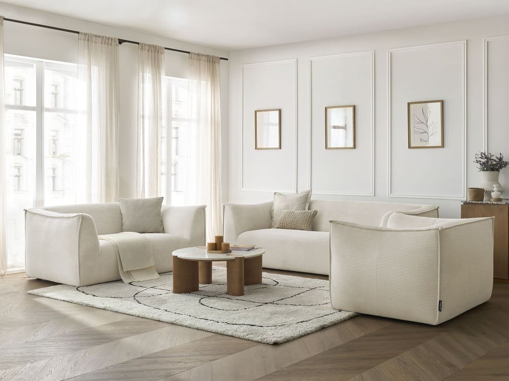 Produit similaire: Ensemble canapé droit fixe 3 + 2 places + fauteuil GIORGIA velours côtelé beige BOBOCHIC