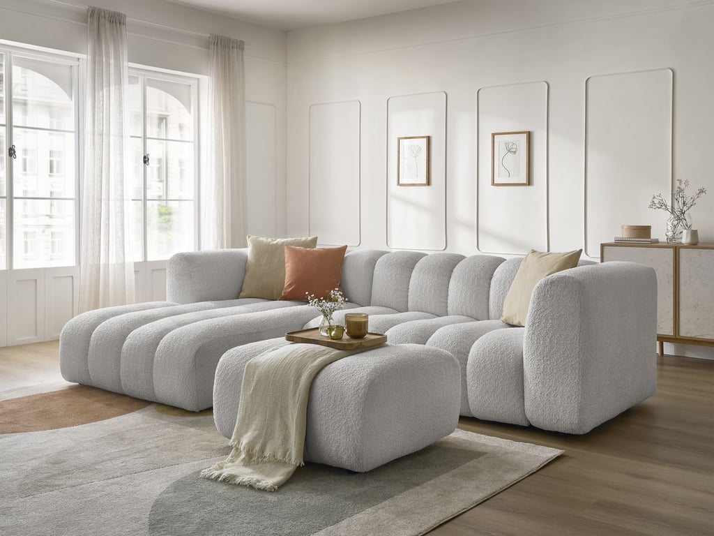 Produit similaire: Canapé d'angle fixe TALIA tissu bouclette avec pouf gris clair angle gauche BOBOCHIC 4 places