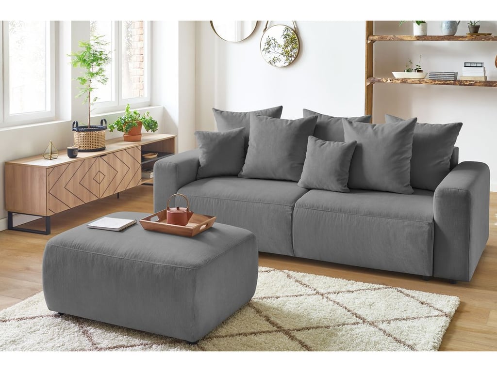 Produit similaire: Canapé droit convertible coffre ENVY velours côtelé avec pouf gris foncé BOBOCHIC 3 places