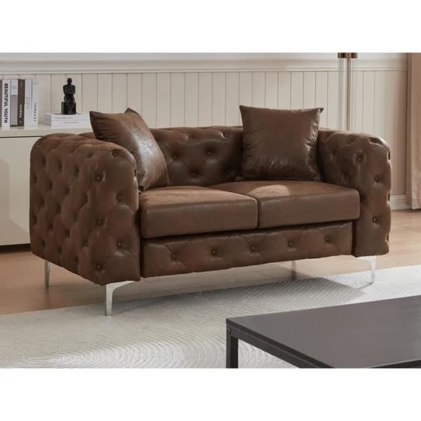 Canapé 2 places chesterfield en microfibre aspect cuir vieilli marron EDWINA