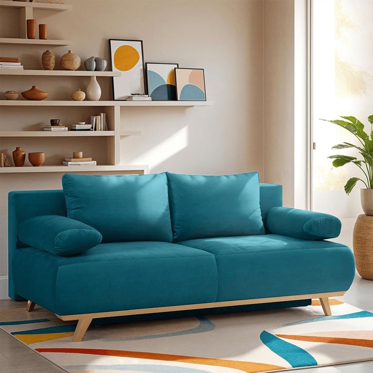 Produit similaire: Laria - Canapé convertible velours 3 places avec coffre de rangement bleu canard