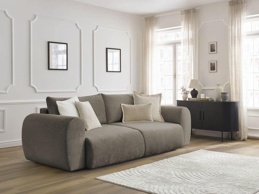 Produit similaire: Canapé droit convertible coffre LUCIEN tissu lisse taupe BOBOCHIC 3 places