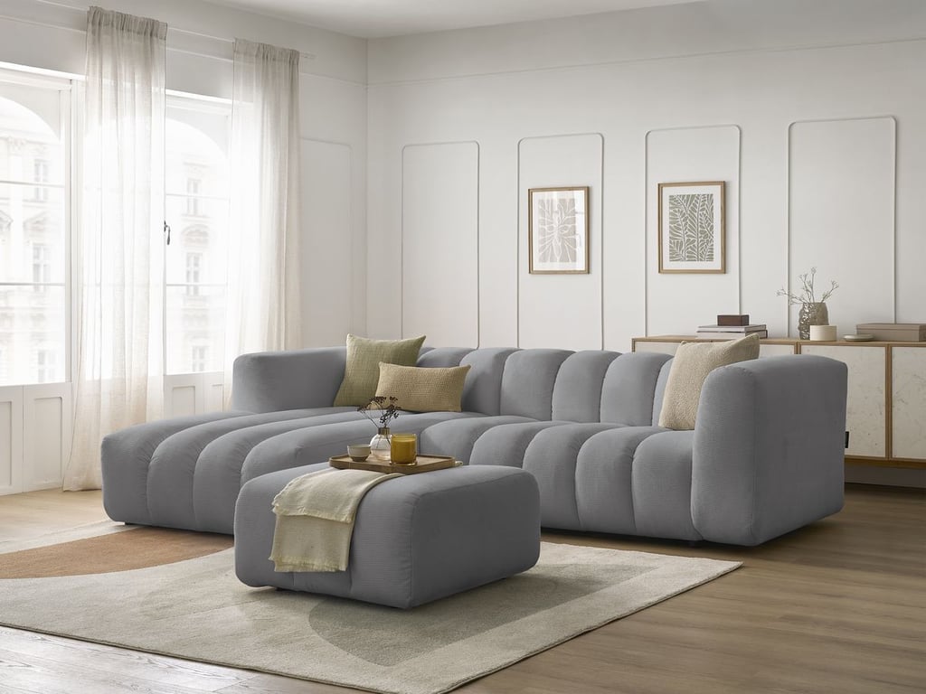 Produit similaire: Canapé d'angle fixe TALIA tissu chiné avec pouf gris clair angle gauche BOBOCHIC 4 places