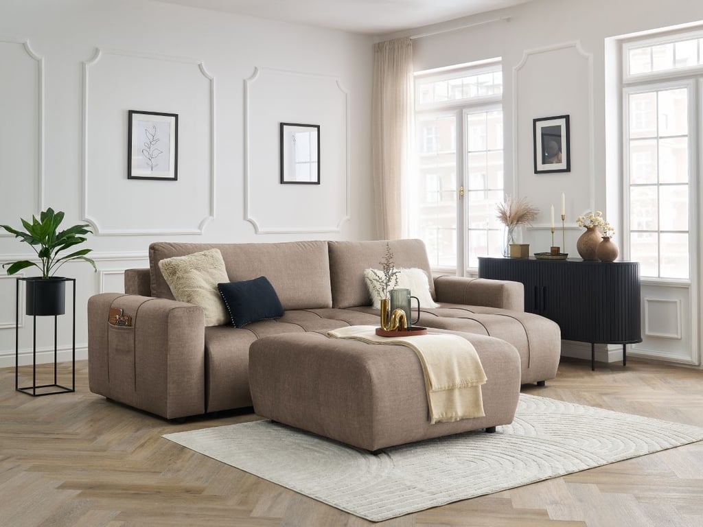 Produit similaire: Canapé d'angle ARSENE réversible convertible coffre tissu velours avec pouf taupe BOBOCHIC 4 places