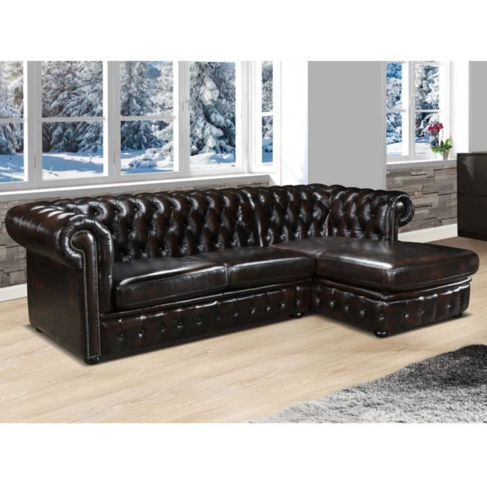 Canapé d'angle chesterfield BRENTON 100% cuir de buffle - Chocolat reflets châtains - Angle droit
