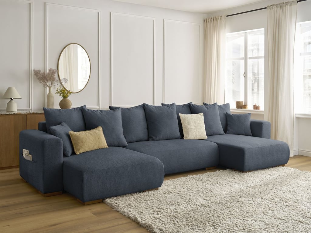 Produit similaire: Canapé panoramique convertible coffre SIDONIE tissu chiné bleu foncé BOBOCHIC 4 places