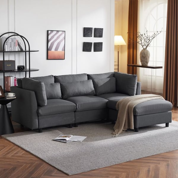 Canapé 3/4 places en forme de L,canapé d'angle pour salon,canapé de salon avec coussins,tissus en Lin,L 220cm,Gris