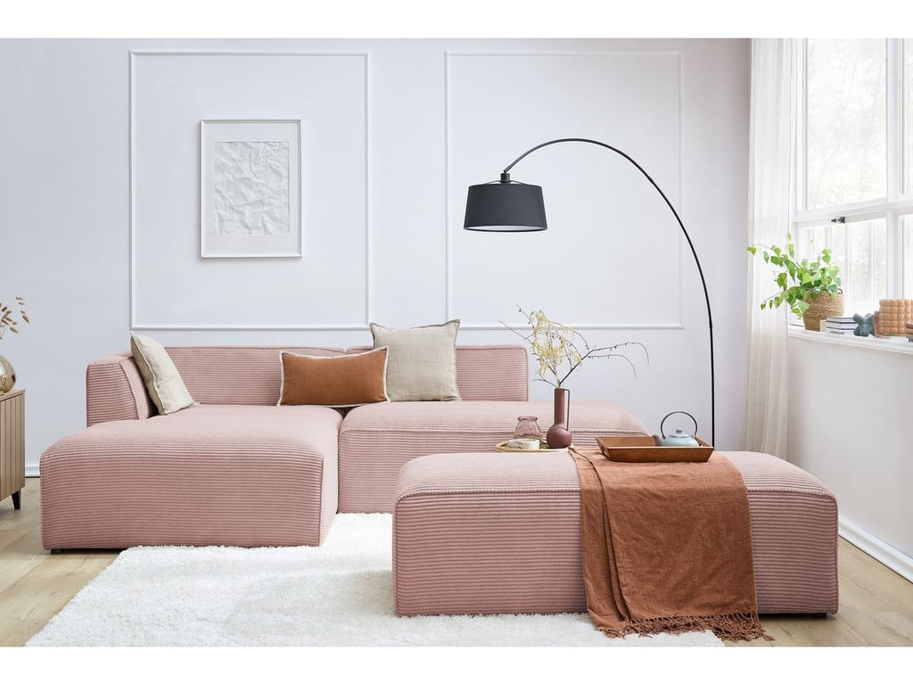 Produit similaire: Canapé d'angle fixe modulable MEGEVE tissu velours côtelé avec pouf rose angle gauche BOBOCHIC 5 places
