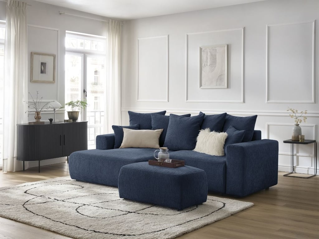 Produit similaire: Canapé d'angle convertible coffre ATILLA tissu texturé avec pouf bleu foncé angle gauche BOBOCHIC 5 places