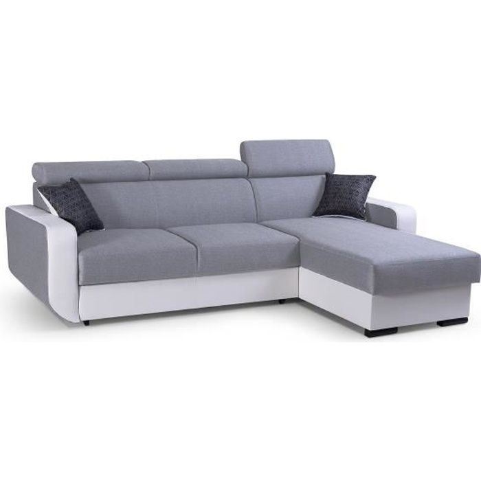 Produit similaire: Canapé d'angle réversible convertible avec coffre de rangement - PEDRO - Tissu gris clair et simili blanc