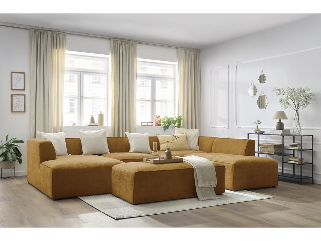 Produit similaire: Canapé panoramique fixe MEGEVE avec pouf tissu texturé jaune angle gauche BOBOCHIC 6 places