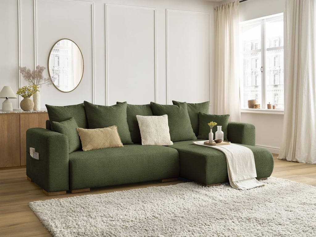 Produit similaire: Canapé d'angle convertible réversible coffre SIDONIE tissu chiné vert BOBOCHIC 3 places