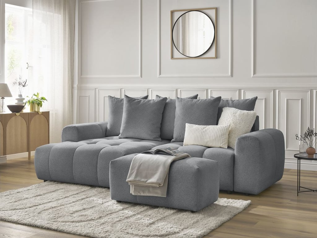 Produit similaire: Canapé d'angle convertible coffre ROXELANE tissu chiné avec pouf gris foncé angle gauche BOBOCHIC 3 places