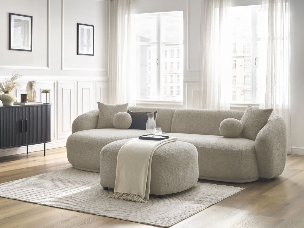 Produit similaire: Canapé d'angle fixe ASHLEY avec pouf taupe angle gauche BOBOCHIC 4 places