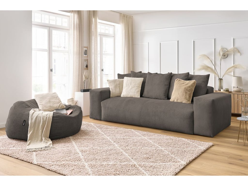 Canapé droit fixe 3 places VOLTAIRE velours côtelé avec pouf taupe   BOBOCHIC