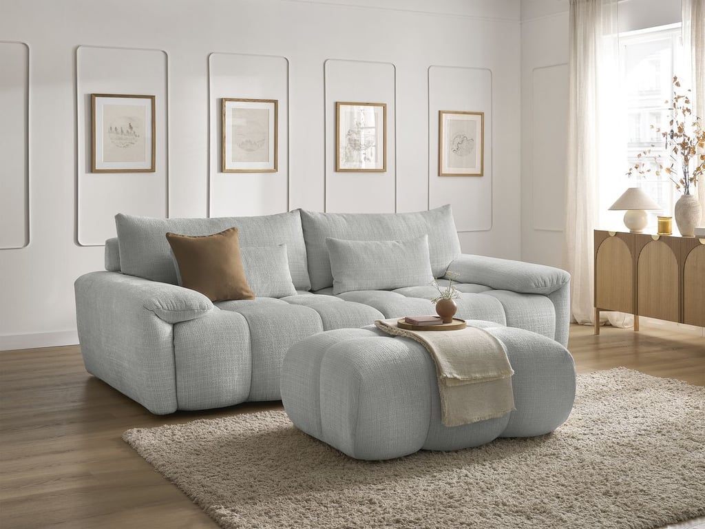 Produit similaire: Canapé droit fixe 3 places IVANE tissu texturé avec pouf gris clair BOBOCHIC