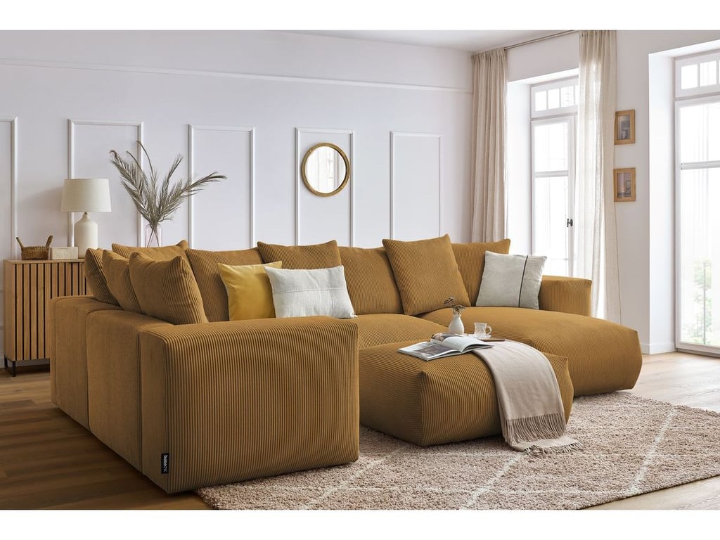 Produit similaire: Canapé panoramique fixe modulable VOLTAIRE avec 1 méridienne, 1 angle, 2 chauffeuses et 1 pouf jaune angle droit BOBOCHIC 6 places