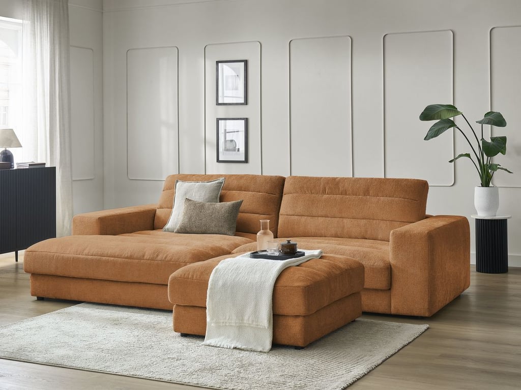 Produit similaire: Canapé d'angle fixe SIERRA tissu texturé avec pouf orange angle gauche BOBOCHIC 4 places