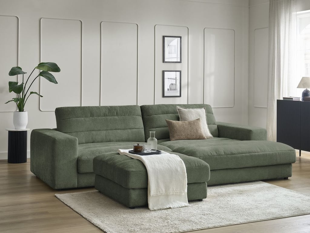 Produit similaire: Canapé d'angle fixe SIERRA tissu texturé avec pouf vert foncé angle droit BOBOCHIC 4 places