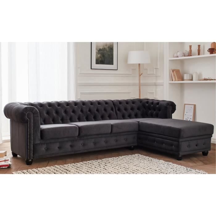 Produit similaire: Canapé d'angle Chesterfield 4 places en velours gris foncé - William