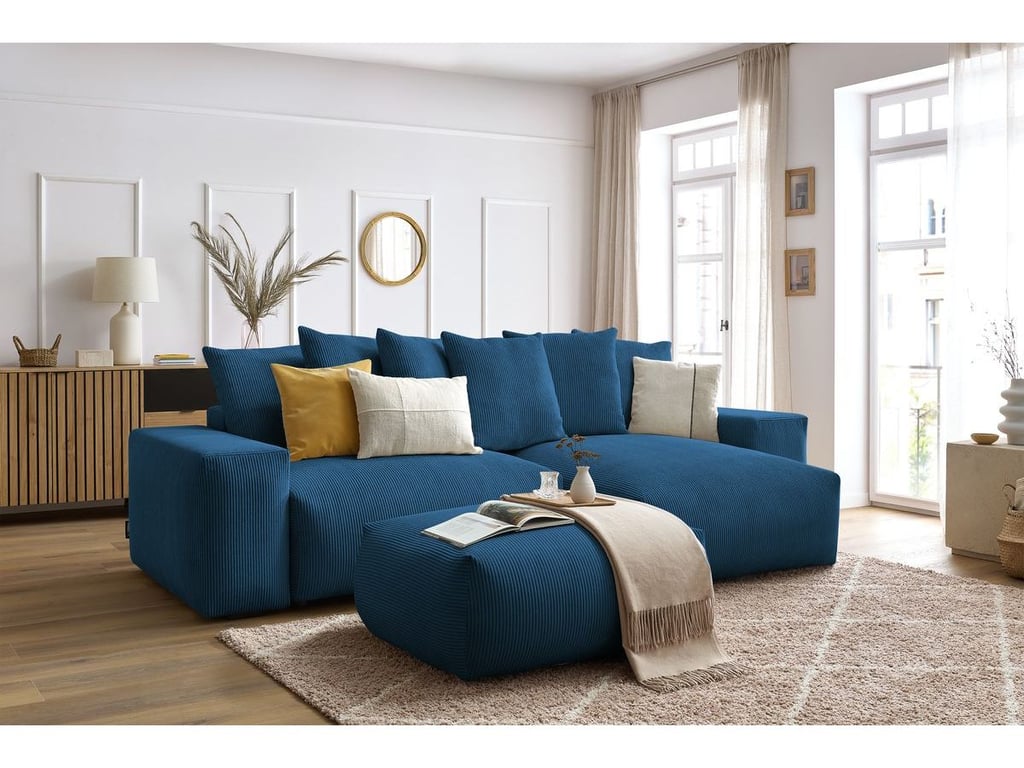 Produit similaire: Canapé d'angle réversible convertible coffre VOLTAIRE avec pouf bleu foncé réversible BOBOCHIC 5 places