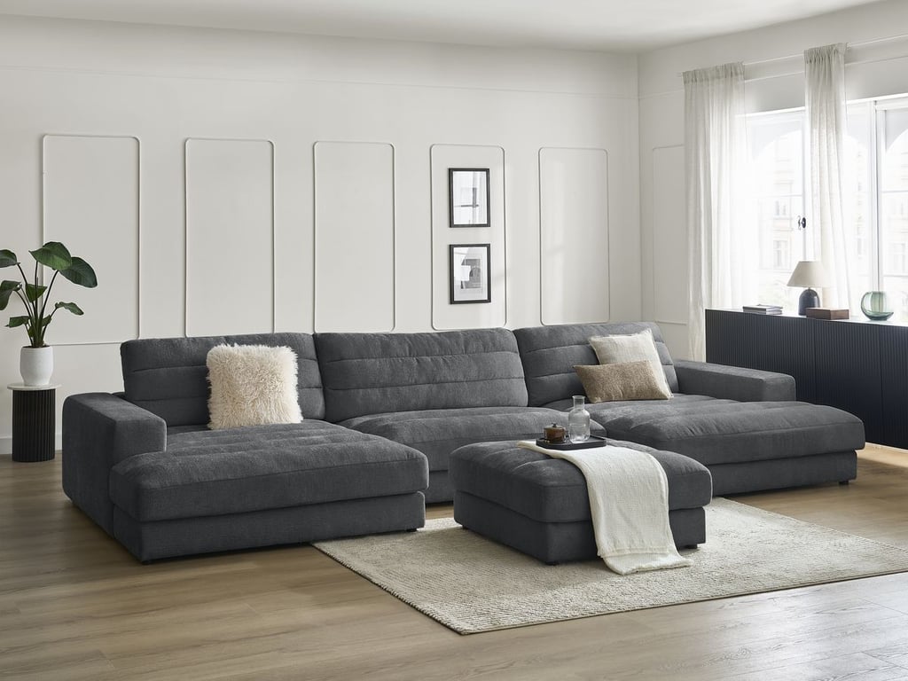 Produit similaire: Canapé panoramique fixe SIERRA tissu texturé avec pouf noir BOBOCHIC 5 places