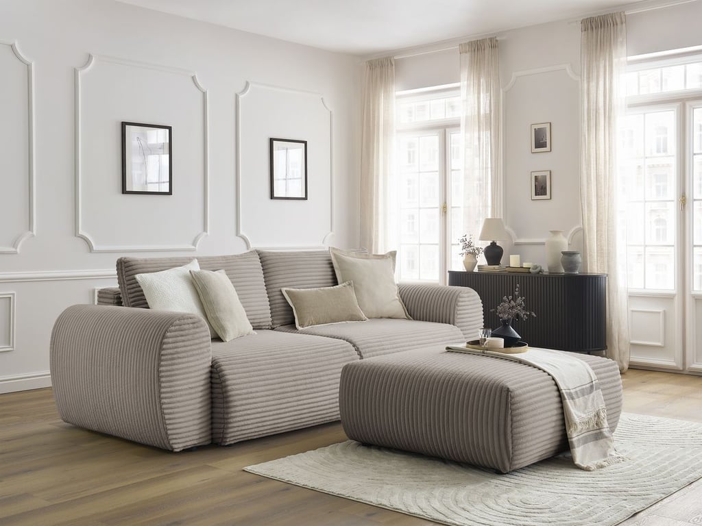 Produit similaire: Canapé droit convertible coffre LUCIEN gros côtelé doux avec pouf taupe BOBOCHIC 4 places