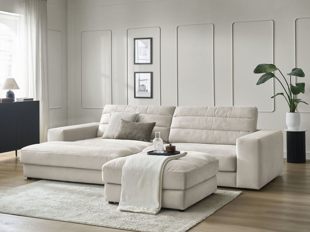 Produit similaire: Canapé d'angle fixe SIERRA velours avec pouf beige angle gauche BOBOCHIC 4 places