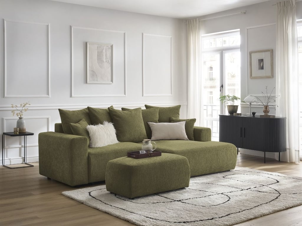 Produit similaire: Canapé d'angle convertible coffre ATILLA tissu texturé avec pouf vert angle droit BOBOCHIC 5 places