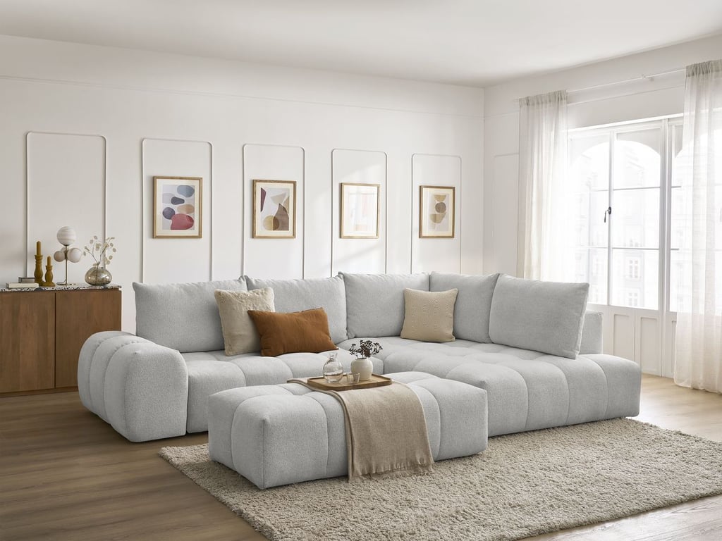 Produit similaire: Canapé d'angle L convertible coffre EVEREST tissu chiné avec pouf gris clair angle droit BOBOCHIC 4 places