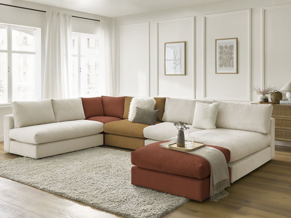 Produit similaire: Canapé d'angle modulable PARIS velours côtelé avec 3 chauffeuses, 1 méridienne, 1 angle, et 1 pouf multicolore BOBOCHIC 6 places