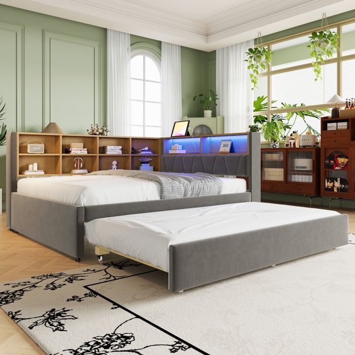 COMANLAI Lit rembourré-140×200cm-avec LED-prises-Canapé-lit multifonctionnel-flanelle-gris foncé