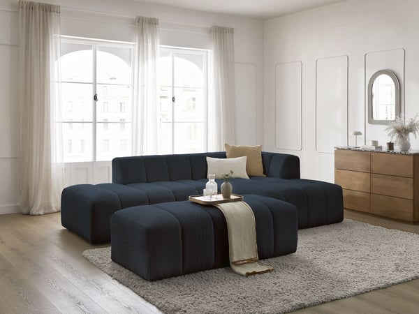 Canapé d'angle fixe modulable ANNECY tissu bouclette avec pouf bleu foncé angle droit BOBOCHIC 4 places
