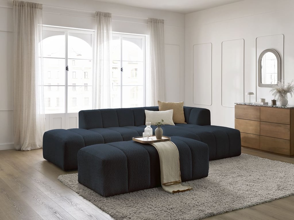 Produit similaire: Canapé d'angle fixe modulable ANNECY tissu bouclette avec pouf bleu foncé angle droit BOBOCHIC 4 places