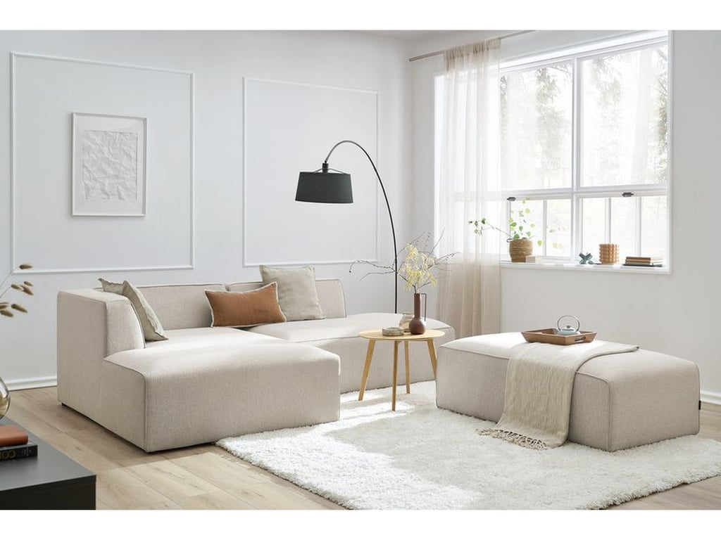 Produit similaire: Canapé d'angle fixe modulable MEGEVE tissu chiné avec pouf beige angle gauche BOBOCHIC 5 places