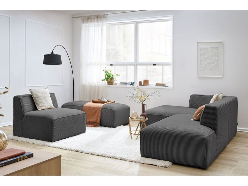 Produit similaire: Canapé d'angle fixe modulable MEGEVE tissu velours côtelé avec 1 chauffeuse et 1 pouf gris foncé angle gauche BOBOCHIC 6 places