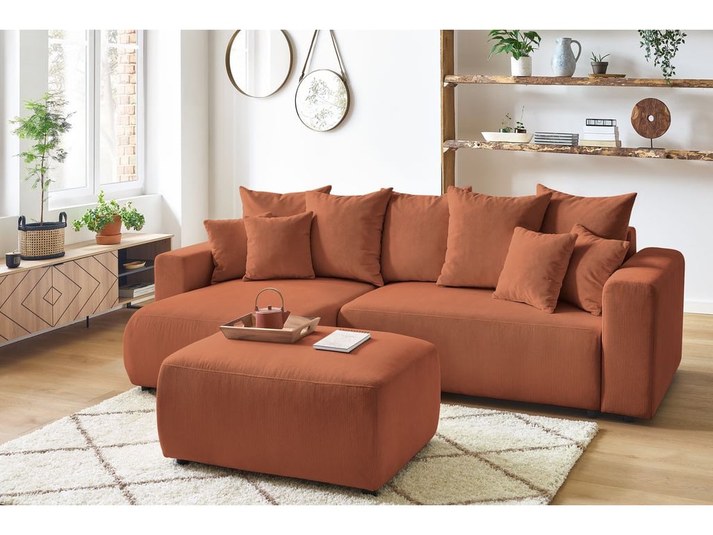 Produit similaire: Canapé d'angle réversible convertible coffre ENVY velours côtelé avec pouf orange BOBOCHIC 4 places
