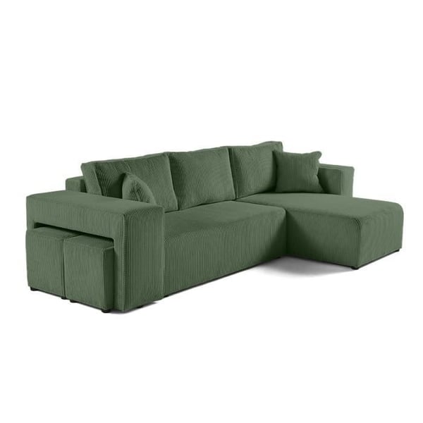 Topaze - canapé d'angle réversible 4 places - convertible avec coffre, tablette et poufs - en velours côtelé - Vert sauge