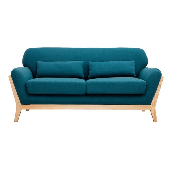 Canapé scandinave 2 places en tissu bleu canard et bois clair YOKO