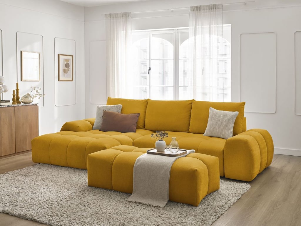 Produit similaire: Canapé d'angle convertible coffre EVEREST tissu texturé avec pouf jaune angle gauche BOBOCHIC 4 places