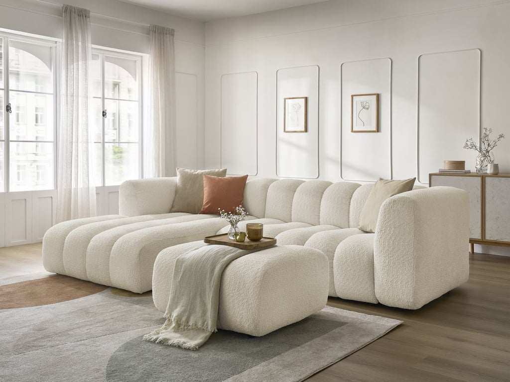 Produit similaire: Canapé d'angle fixe TALIA tissu bouclette avec pouf beige angle gauche BOBOCHIC 4 places