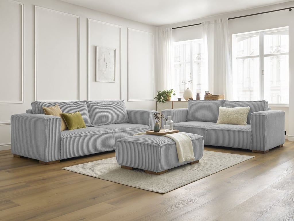 Produit similaire: Ensemble canapé droit fixe 3 + 2 places CHELSEA gros velours côtelé avec pouf gris clair BOBOCHIC