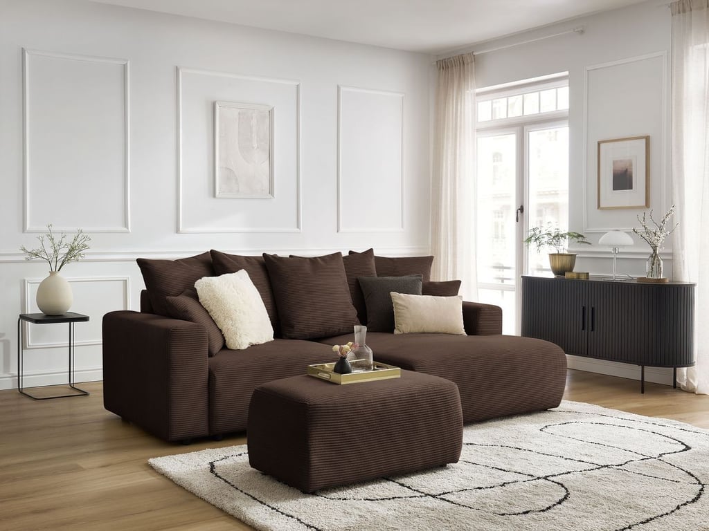 Produit similaire: Canapé d'angle convertible coffre ATILLA velours côtelé avec pouf marron angle droit BOBOCHIC 4 places