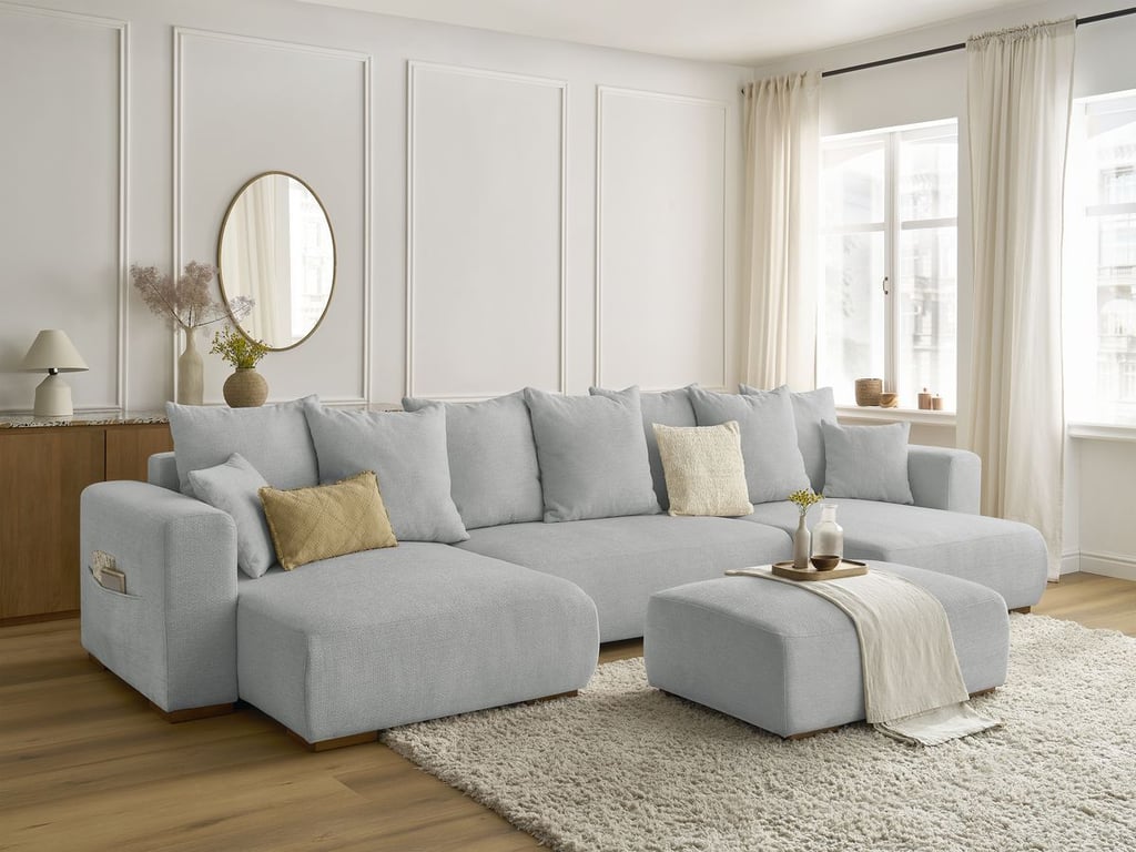 Produit similaire: Canapé panoramique convertible coffre SIDONIE tissu chiné avec pouf gris clair BOBOCHIC 5 places