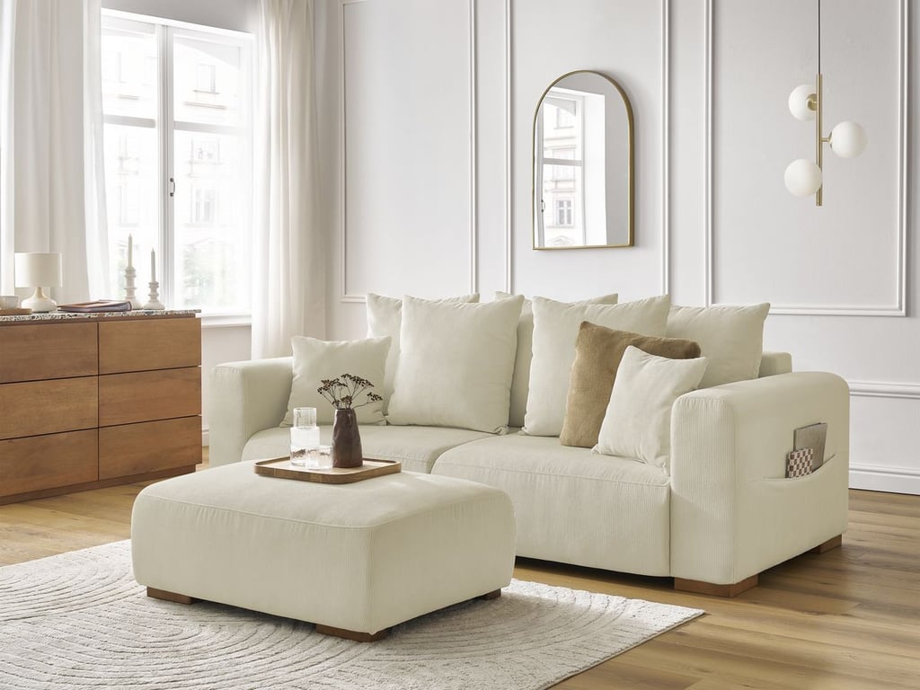 Produit similaire: Canapé droit fixe 3 places SIDONIE velours côtelé avec pouf beige BOBOCHIC
