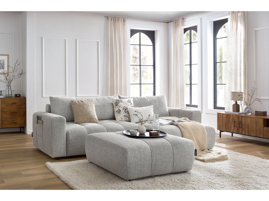 Produit similaire: Canapé d'angle réversible convertible coffre ARSENE avec pouf gris clair  réversible BOBOCHIC 4 places