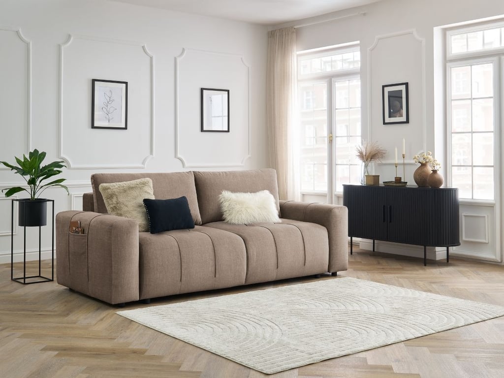 Produit similaire: Canapé droit convertible coffre ARSENE tissu velours taupe BOBOCHIC 3 places