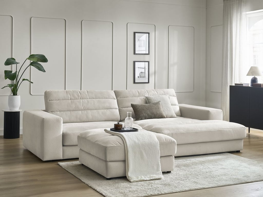 Produit similaire: Canapé d'angle fixe SIERRA velours avec pouf beige angle droit BOBOCHIC 4 places