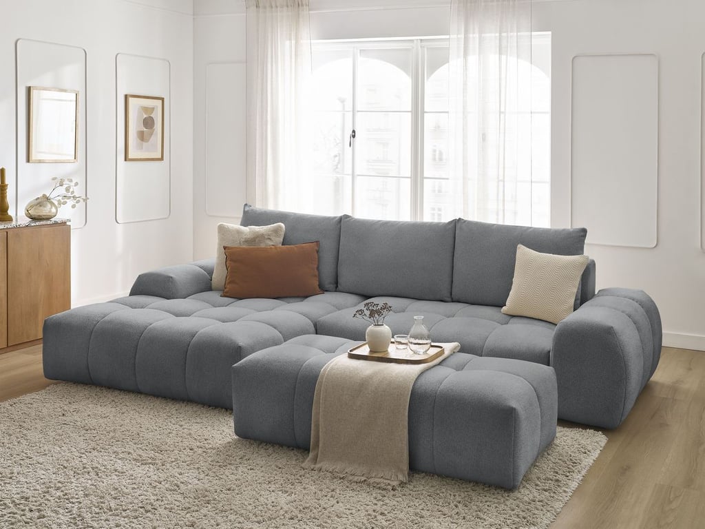 Produit similaire: Canapé d'angle convertible coffre EVEREST tissu chiné avec pouf gris foncé angle gauche BOBOCHIC 4 places