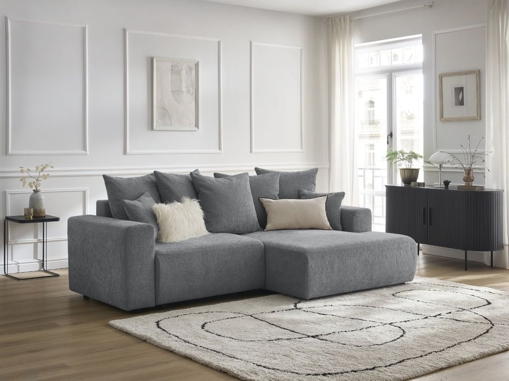 Produit similaire: Canapé d'angle convertible coffre ATILLA tissu texturé gris foncé angle droit BOBOCHIC 4 places